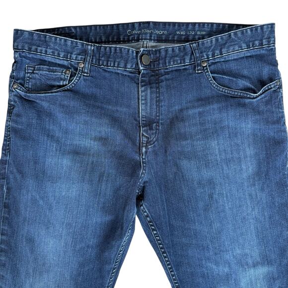 Calvin Klein Mens Slim Straight Leg Jeans 40x32 Dark Blue Denim Classic Basic - Picture 3 of 14